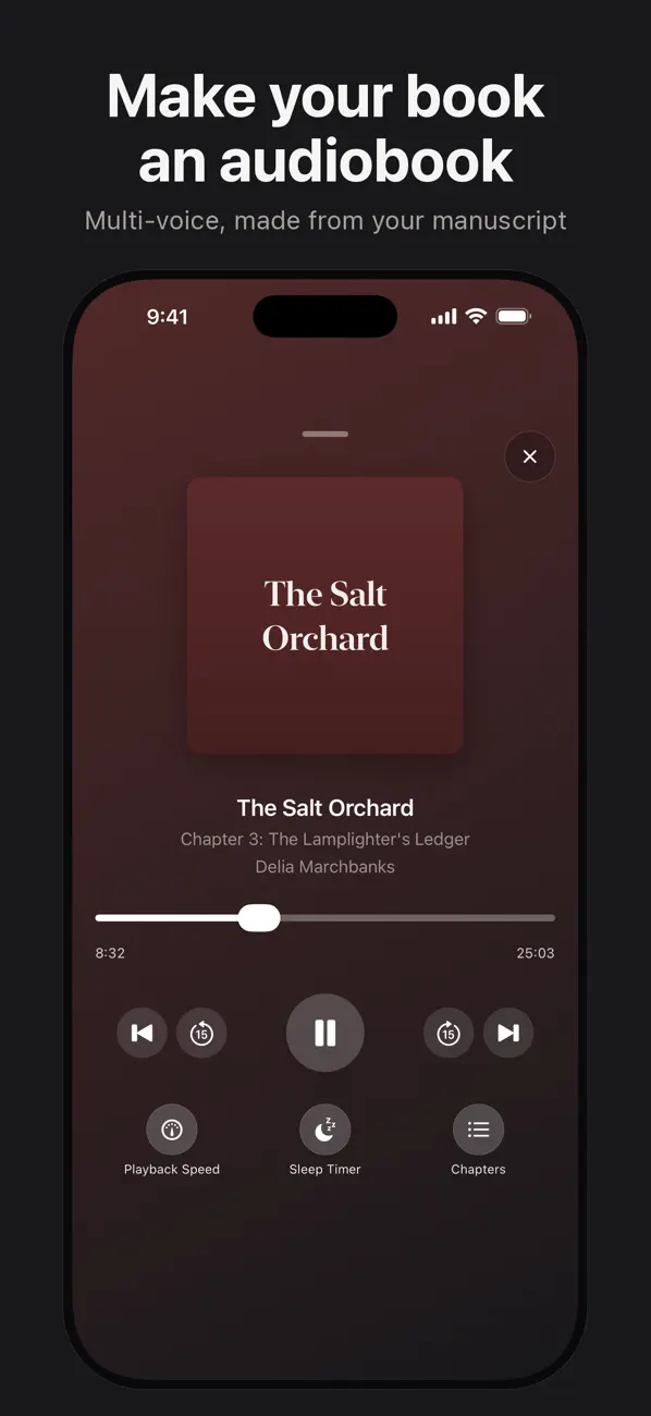 The NovelHive AI audiobook player on iPhone, with speed control, sleep timer and chapter skips.