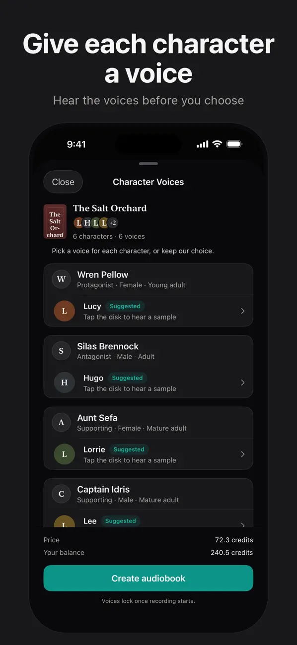 Choosing an AI voice for each character of a book in the NovelHive AI iPhone app.
