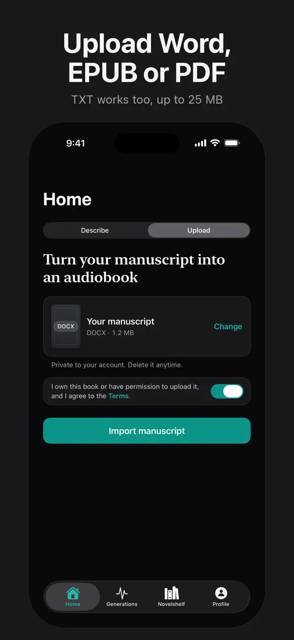 Uploading a Word, EPUB, PDF or TXT manuscript in the NovelHive AI iPhone app.