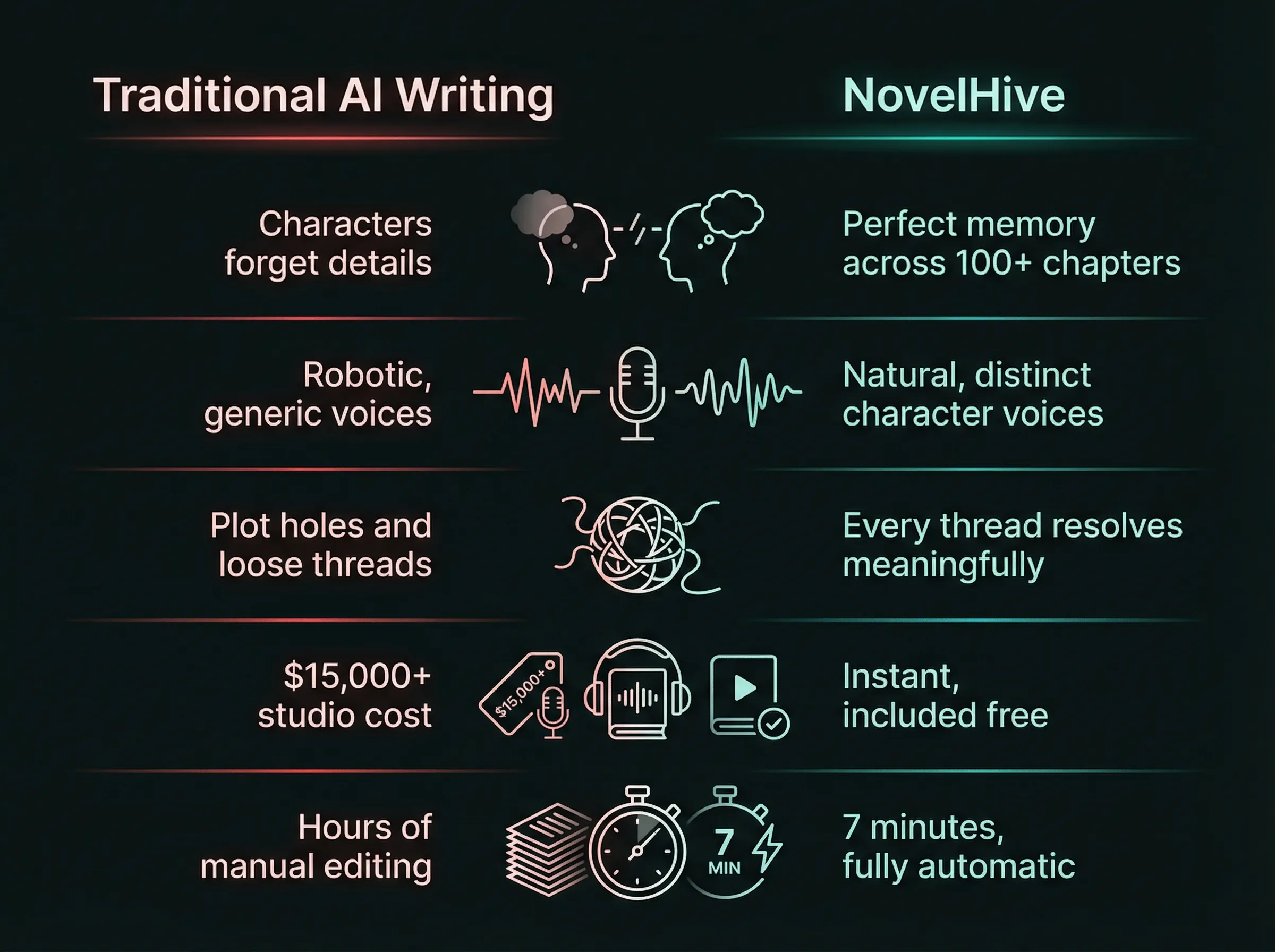 Comparison chart: Traditional AI writing vs NovelHive across character consistency, dialogue quality, plot coherence, audio narration, and speed